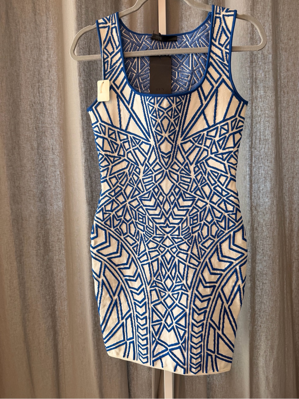 Rvn Nyc White And Blue Geometric Bodycon Dress